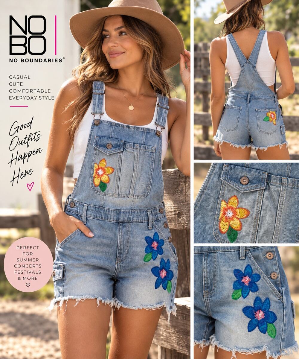 No Boundaries Denim Shortalls L 11-13 Floral Embroidered Frayed Boho Y2K